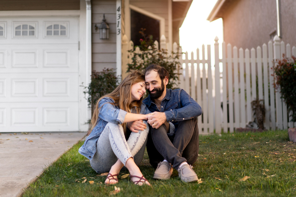 Couple de propriétaires devant leur maison